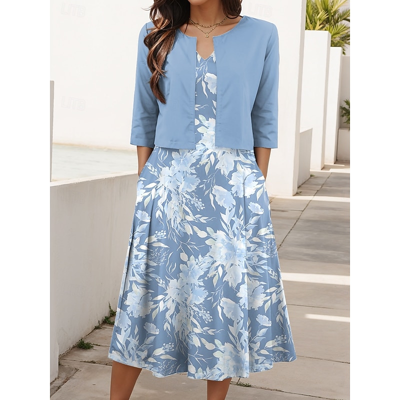 Women's Two Piece Dress Sets Midi Dress with Jacket Elegant A Line Dress Half Sleeve Party Semi Formal Floral Graphic Print V Neck Wedding Guest Daily Blue Purple Green Regular Fit