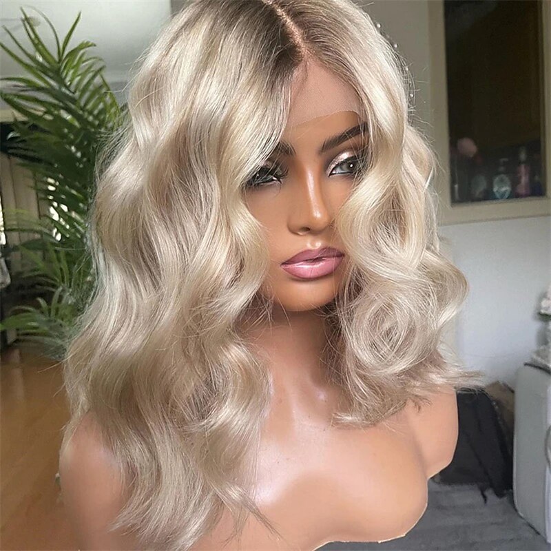 Unprocessed Virgin Hair 5x5 Lace Closure Wigs Short Bob 13x4 Lace Front Human Hair Wig Brazilian Hair Wavy Ombre Ash Blonde Wig  with Baby Hair Glueless For Women