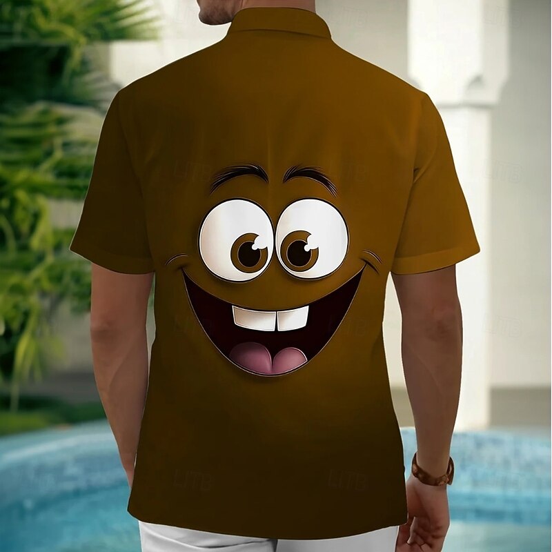 Men's Cartoon Funny Smile Face Shirt Summer Shirt Button Up Shirt Short Sleeve Fashion Casual Outdoor Vacation Dailywear Summer Spring Turndown 3D Print Collared Shirts Front One Pocket Brown2