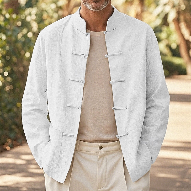 Men's Shirt Jacket Linen Jacket Shacket Vacation Daily Breathable Pocket Spring Fall Plain Fashion Classic Stand Collar Regular Black White Navy Blue Khaki Jacket