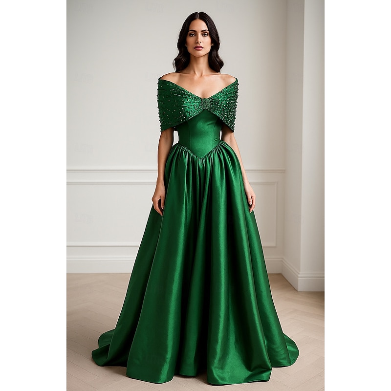 A-Line Evening Gown Elegant Dress Formal Wedding Floor Length Short Sleeve Off Shoulder Stretch Satin with Glitter Pearls Beading