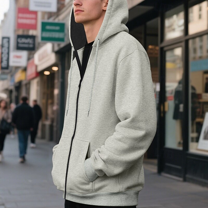 Men's Hoodie Full Zip Hoodie Fleece Hoodie Apricot Black Army Green Navy Blue Light Grey Hooded Plain Pocket Sports & Outdoor Daily Holiday Polyester Streetwear Basic Casual Fall Winter Clothing2