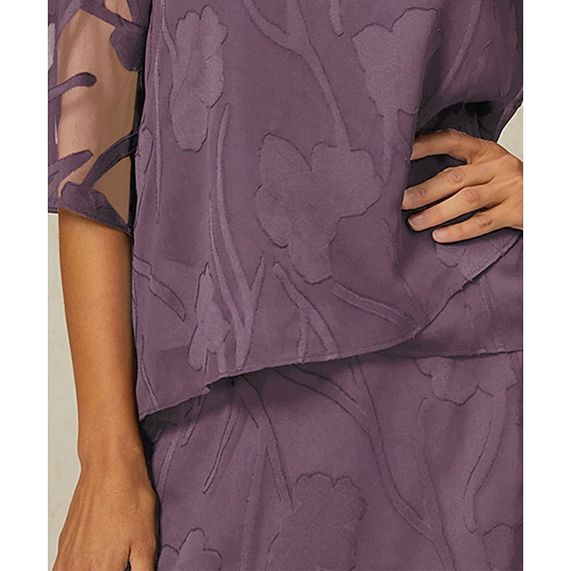 Women's Lace Shirt Blouse Dressy Tops Chiffon Tops Solid Color Floral Flower Elegant Stylish 3/4 Length Sleeve Bell Sleeve Boat Neck Regular Tops Wedding Guest Work Daily Asymmetric Hem Light Purple3