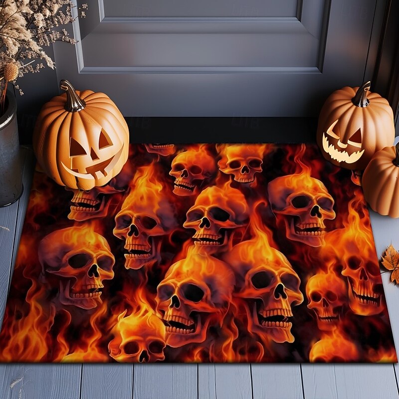 Halloween Indoor Outdoor Doormat Kitchen Mat Fire Skulls Pattern, Non-Slip Front Door Mat for Porch, Entryway, Patio, Bedroom, Bathroom and 2025 Halloween Home Decoration3