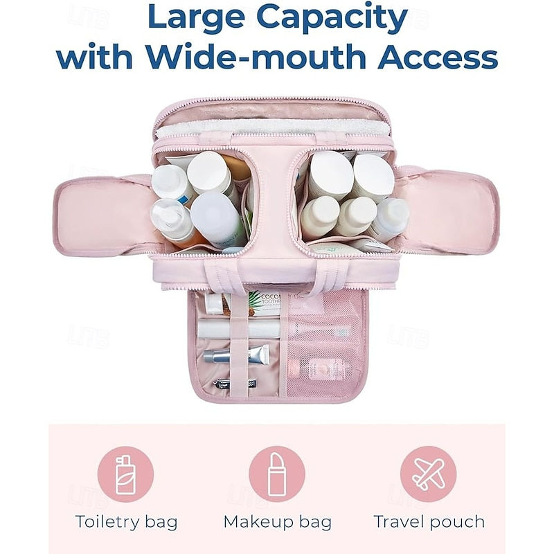 Large Capacity Wide Open Travel Cosmetic Bag Double Zipper Plush Makeup Organizer for Women Premium Portable Toiletry Bag for Travel and Daily Use2