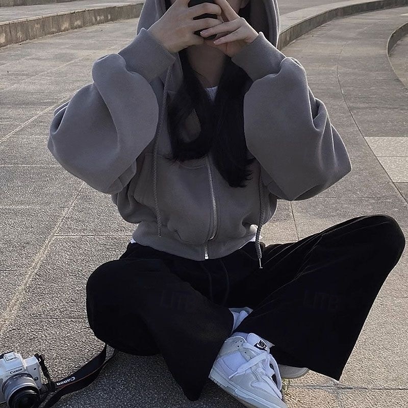 Women's Zip Up Hoodies Plain Streetwear Casual Long Sleeve Hooded Regular Tops Street Going out Zipper Pocket Navy Blue Light Grey Dark Gray Fall Winter4