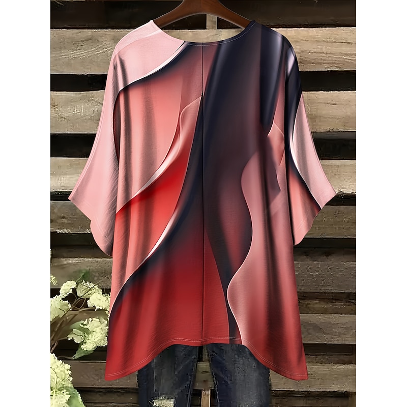 Women's Blouse Graphic Geometric Color Block Vintage Daily Casual Half Sleeve Batwing Sleeve Crew Neck Regular Tops Daily Holiday Beach Wear Asymmetric Pink Purple Orange Green Gray Summer Spring2