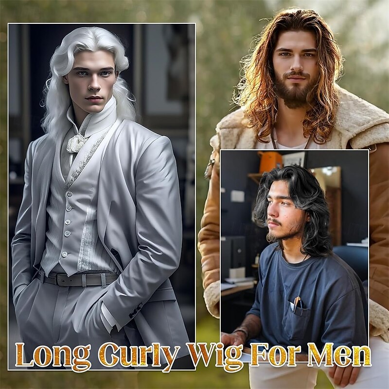 Mens Wig Long Curly Wavy White Wigs for Men Heat Resistant Synthetic Male Wig for Daily Party Cosplay Costume Halloween Use3