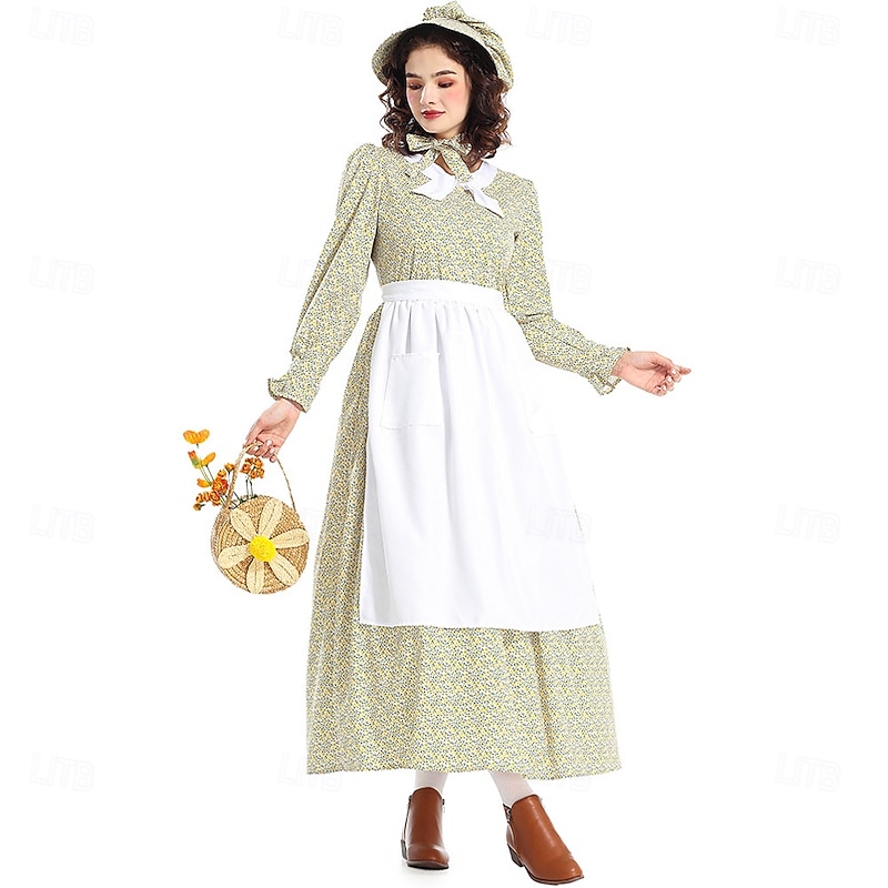 19th Century 1800s Old West Prairie Dress Bonnet and Apron Set Pioneer Floral Fancy Dress Women's Halloween Carnival School Event Dress Up Historical reenactment Adults Dress Apron Hat3