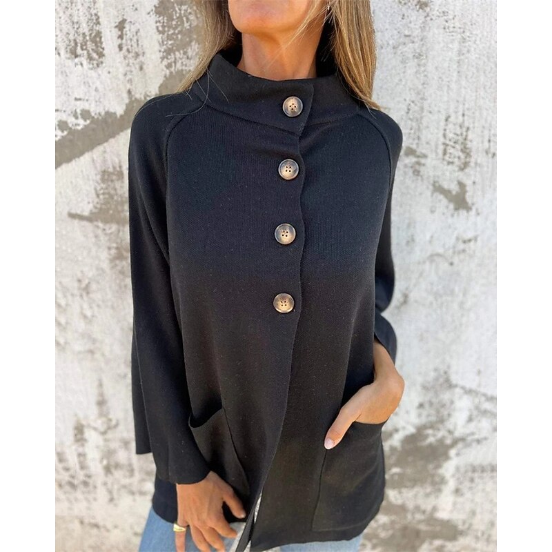 Women's Coat Casual Jacket Comfortable Pocket Buttons Fashion Modern Casual Plain Going out Weekend Single Breasted Regular Stand Collar Regular Fit Long Sleeve Outerwear Black Red Brown Fall Winter