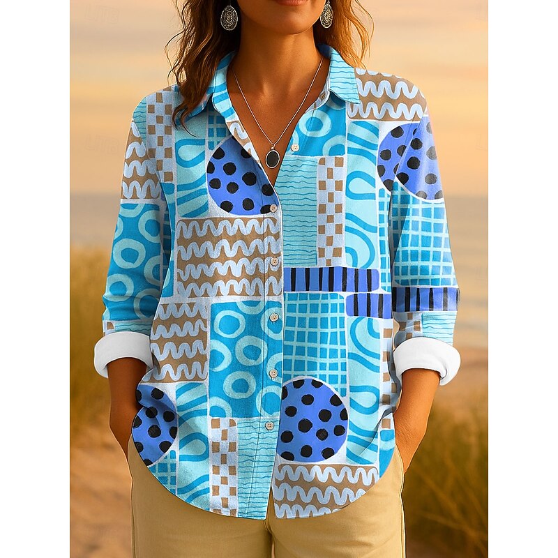 Women's Shirt Button Down Tunic Shirt Collar Long Sleeve Graphic Geometric Striped Vintage Tropical Daily Regular Tops Work Daily s Print Blue Purple Orange Green Spring3