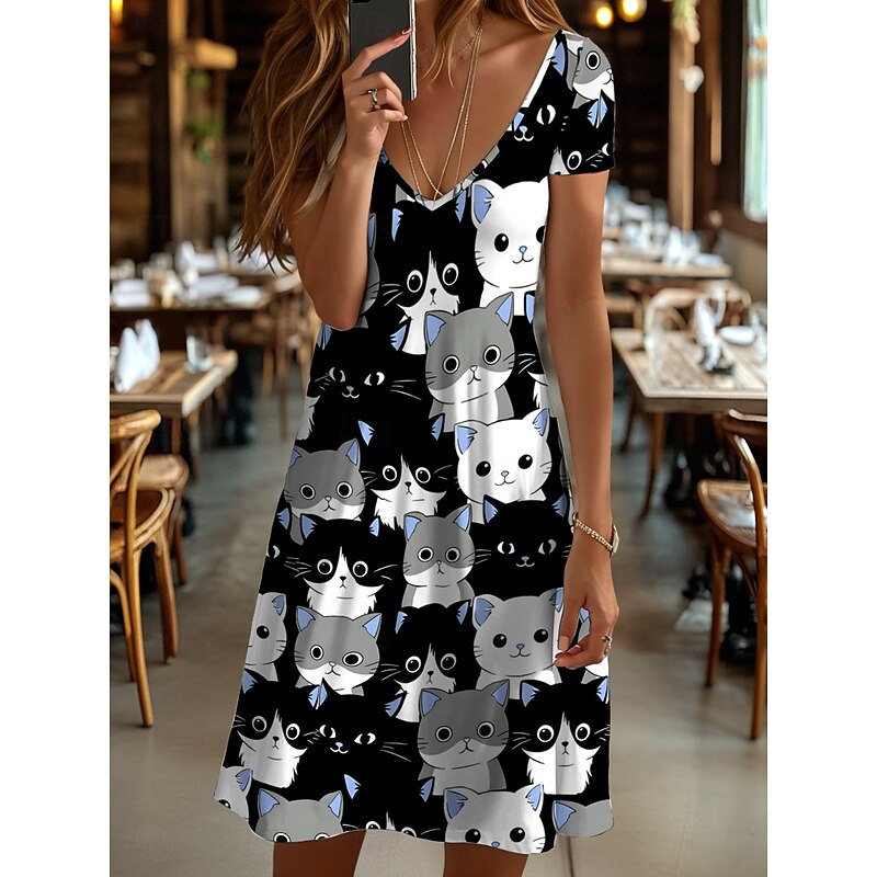Women's Mini Dress Casual Dress T Shirt Dress Tee Dress A Line Dress Summer Dress Vacation Casual Holiday Regular Fit Graphic Animal Cat Short Sleeve Crew Neck V Neck Black And White Yellow Pink Blue4