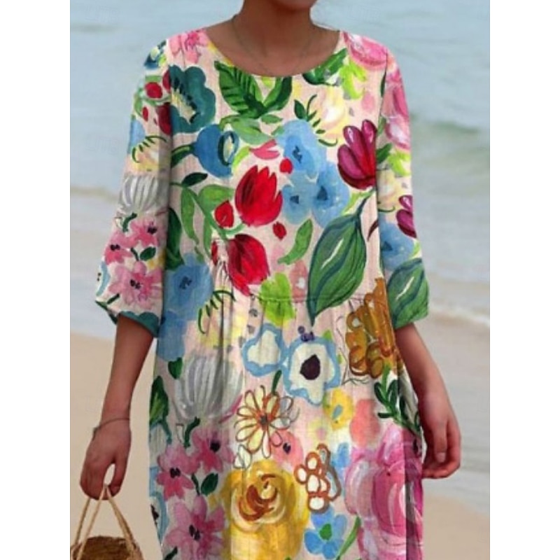 Women's Midi Dress Casual Dress Print Dress Fashion Modern Daily Beach Weekend Regular Fit Floral 3/4 Length Sleeve Crew Neck Blue Green Spring Fall Autumn3