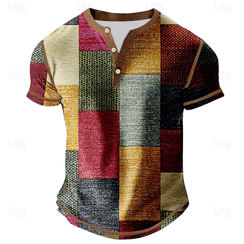 Men's Graphic Color Block Henley Shirt Tee Short Sleeve Vintage Fashion Designer Outdoor Casual Daily Spring &  Fall All Seasons Gray Red Henley Henley T-Shirt