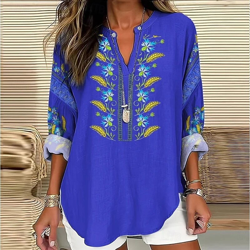 Women's Blouse Tunic V Neck Long Sleeve Boho Casual Tops Floral Graphic Elegant Vintage Stylish Regular Tops Daily Print Yellow Blue Purple2