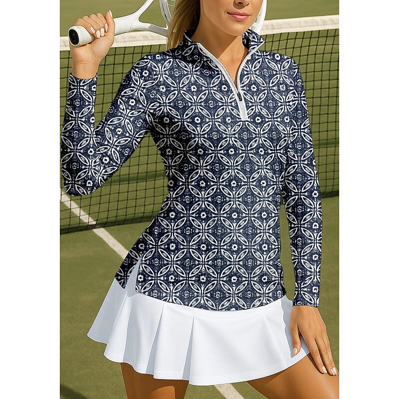 Women's Geometric Circle Sport Shirt Golf Polo Shirt Tennis Shirt Tennis Tee Long Sleeve Zipper Floral UPF50+ UV Resistant High Elasticity Moisture Wicking Breathable Tennis Golf Pickleball Stand3