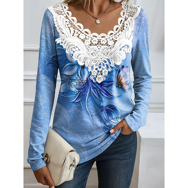 Women's Blouse Tunic Lace Splicing V Neck Long Sleeve Floral Graphic Round Neck Regular Tops Daily Going out Weekend Lace Patchwork Print Pink Red Blue Orange Spring Fall3