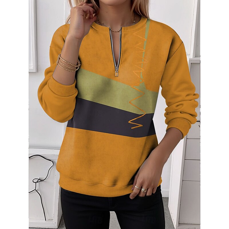 Women's Quarter Zipper Sweater Graphic Geometric Casual Long Sleeve Crew Neck Regular Tops Street Dailywear Half Print Yellow Pink Red Blue Summer Fall Winter4