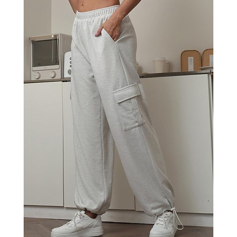 Women's Cargo Pants Slacks Streetwear Casual Full Length Natural Plain Pocket Elastic Waist Comfy Outdoor Vacation Going out Black White Light Grey Coffee Fall Regular Fit3