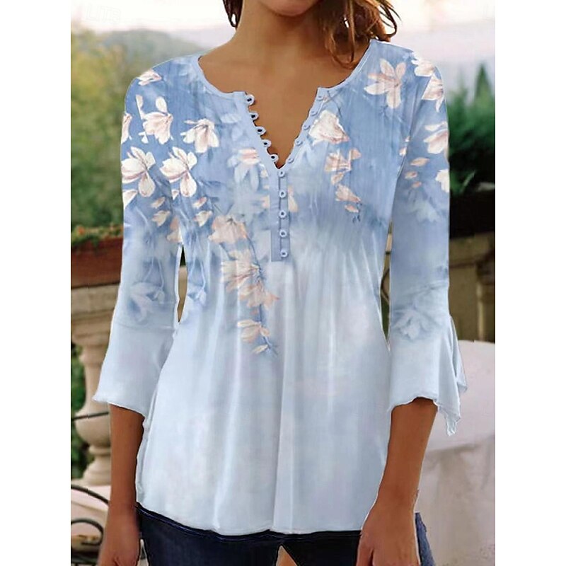 Women's Blouse V Neck Ombre Floral Graphic Elegant Vintage Stylish 3/4 Length Sleeve Regular Tops Daily Going out Buttons Pink Blue Sky Blue Green Summer Spring Fall2