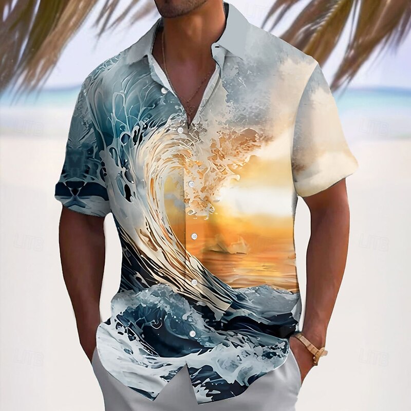 Men's Optical Illusion Ocean Sunset Summer Hawaiian Shirt Button Up Shirt Aloha Shirt Short Sleeve Hawaiian Vacation Beach Wear Summer Spring Turndown 3D Print Collared Shirts Light Blue Black Blue4