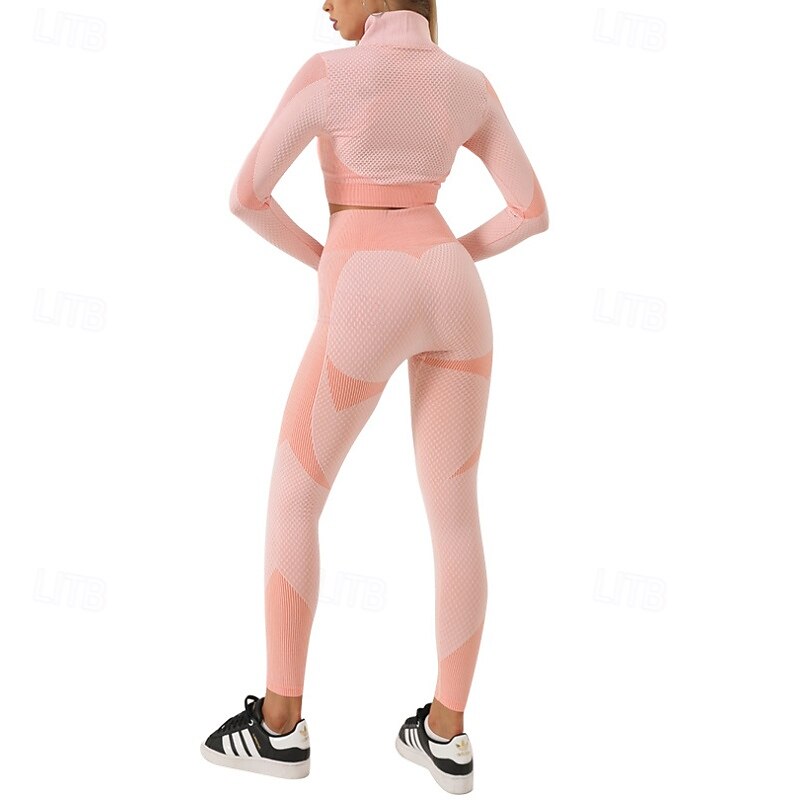 Women's Yoga Sweatsuit Lounge Outfits  Sports Bra Seamless Leggings Fall Zipper Color Block Clothing Suit Forest Green Lake Blue Gym Workout High Waist Stretchy Breathable Long Sleeve Sport Activewear4