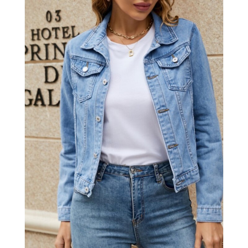Women's Denim Jacket Comfortable Pocket Buttons Casual Plain Holiday Weekend Single Breasted Regular Turndown Regular Fit Long Sleeve Outerwear Black White Yellow Fall3