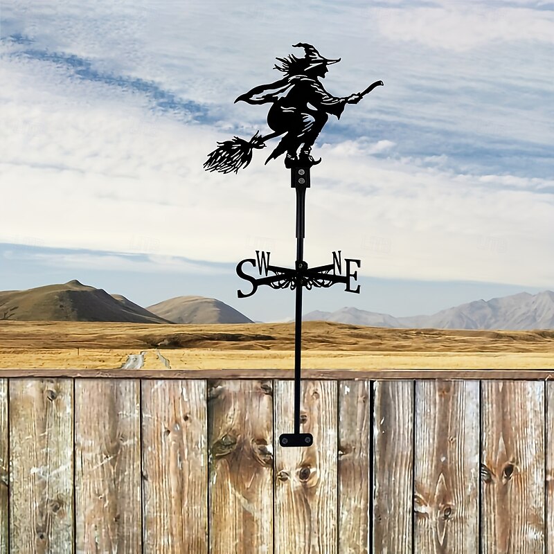 Black Iron Witch On Broomstick Weathervane - 1pc Silhouette Outdoor Fence & Farmhouse Decor - Garden Stake Yard Sign For Lawn & Garden Rustic Halloween Direction Indicator Kit4
