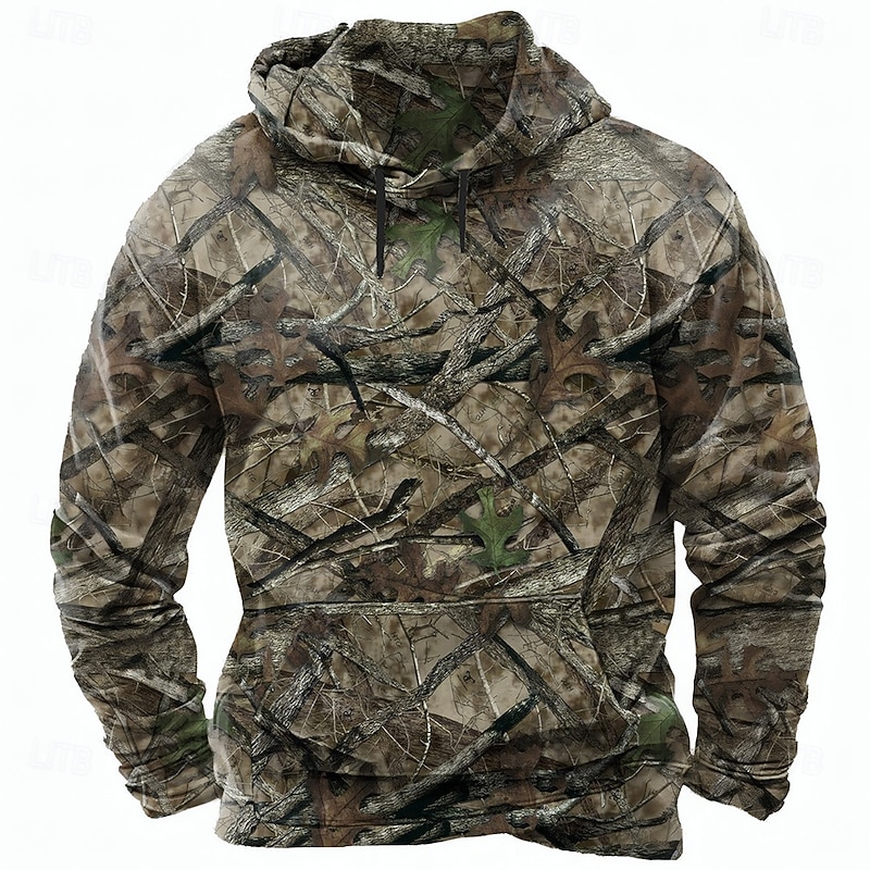 Men's Camouflage Hoodies Sweatshirt Ethnic Casual Long Sleeve Crew Neck Holiday Hunting Red Green Drawstring Fall Winter Designer