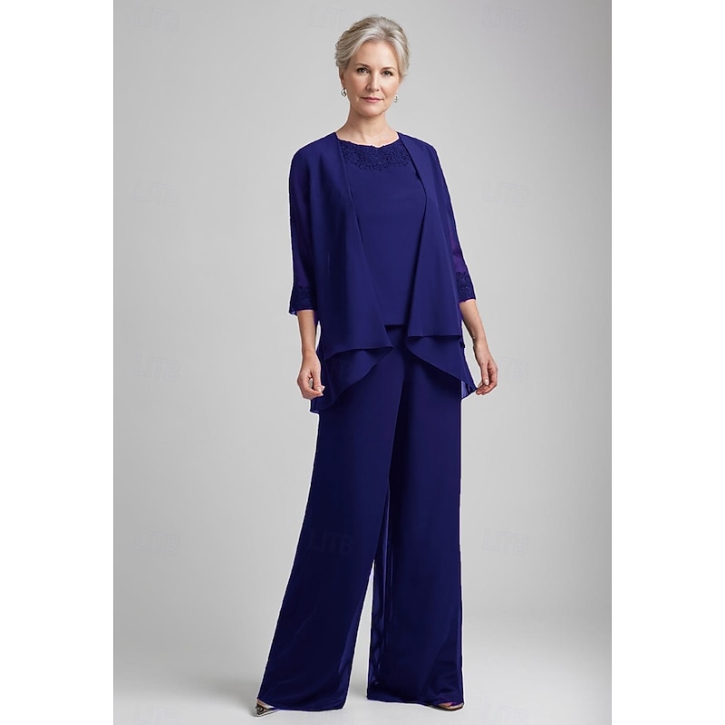 3 Piece Mother of the Bride Pantsuit Elegant Simple Luxurious Boat Neck Floor Length Chiffon Floral Corded Lace 3/4 Length Sleeve with Cascading Ruffles Jacket4