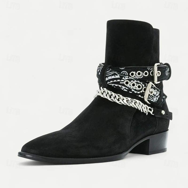 Men's Black Suede Leather Buckle Ankle Boots – Gothic Western Cowboy Style Boots with Chain Decor for Rock Concerts & Streetwear3