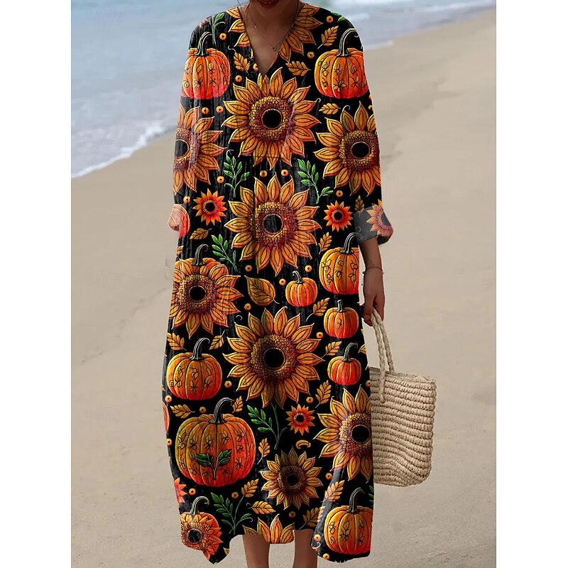 Women's Midi Dress V Neck Long Sleeve Kaftan Lightweight Loose Fit A Line Dress Casual Boho Party Going out Floral Graphic Long Sleeve V Neck Black Orange off-white Fall3