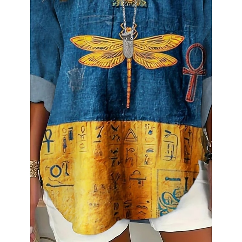 Women's Shirt Dragonfly Daily Casual Long Sleeve V Neck Regular Tops Daily Holiday Buttons Print Yellow Spring Fall2