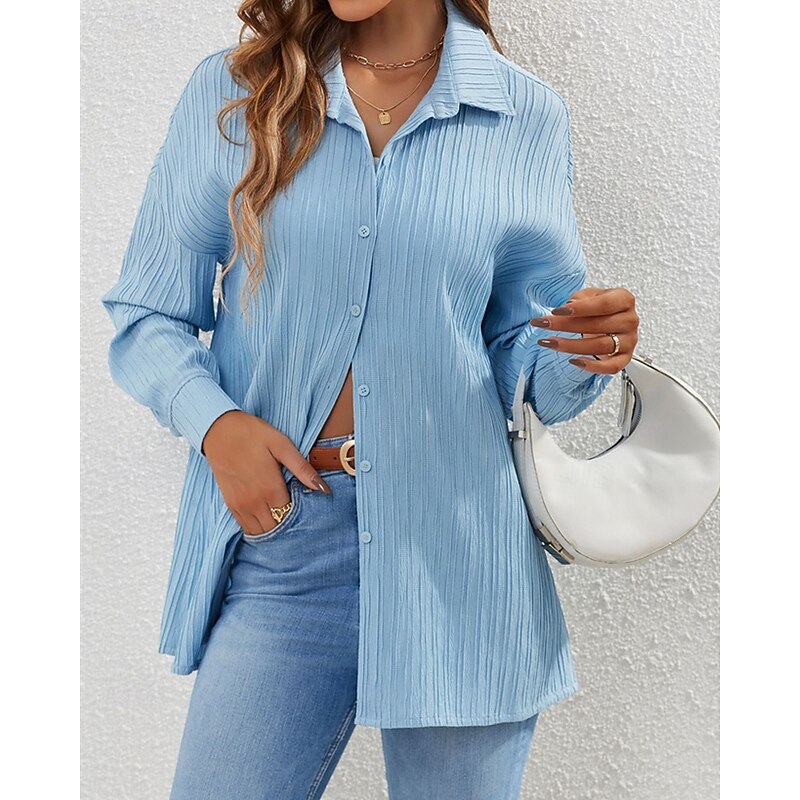 Women's Shirt Texture Blouse Plain Daily Stylish Basic Long Sleeve Shirt Collar Regular Tops Work Daily Holiday Buttons Blue Spring Fall2