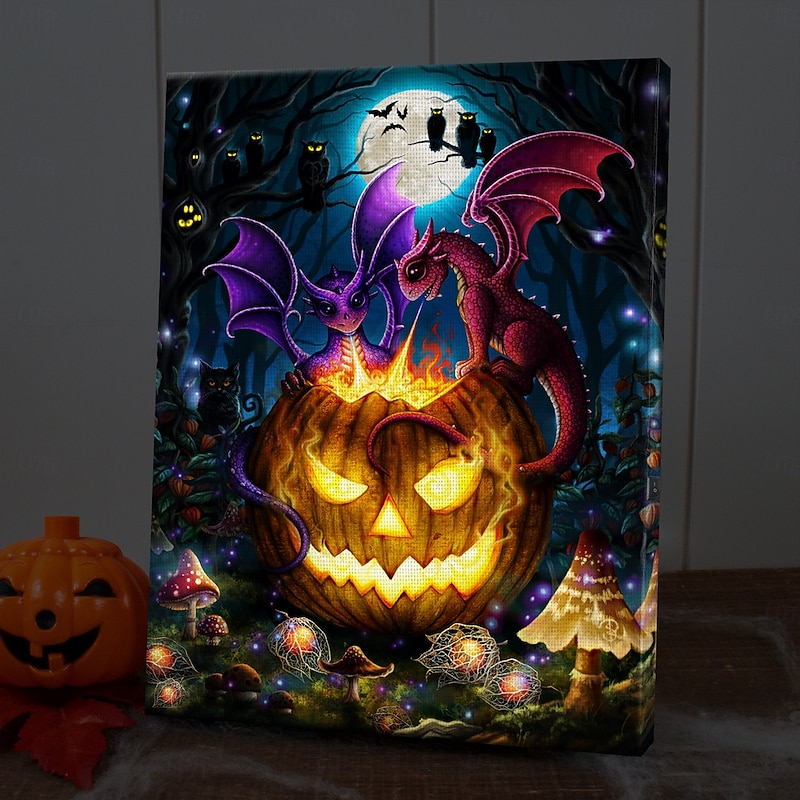 Halloween LED Canvas Wall Art The glowing Pumpkin by Sarah Richter LED Lighted Up Wall Decor 2AA Battery Operated Lighted Canvas Print LED Light Kitchen Bedroom or Home Decor Waterfall