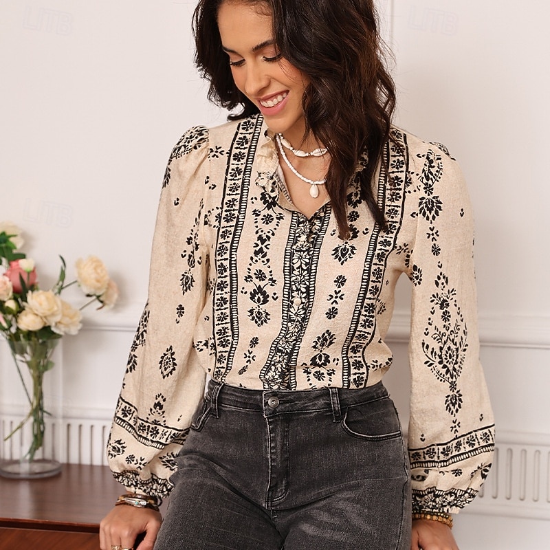 Women's 100%Cotton Shirt Boho Shirt Floral Elegant Bohemia Vintage Long Sleeve Lantern Sleeve Puff Sleeve  Tops Work Daily Holiday Ruffle Print Original light apricot-apricot Summer Spring Fall4