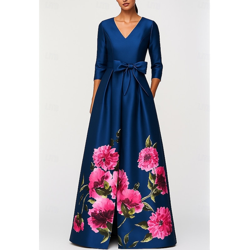 A-Line Evening Gown Elegant Dress Formal Wedding Guest Floor Length Half Sleeve V Neck Pocket Satin with Floral Print Bow(s)3