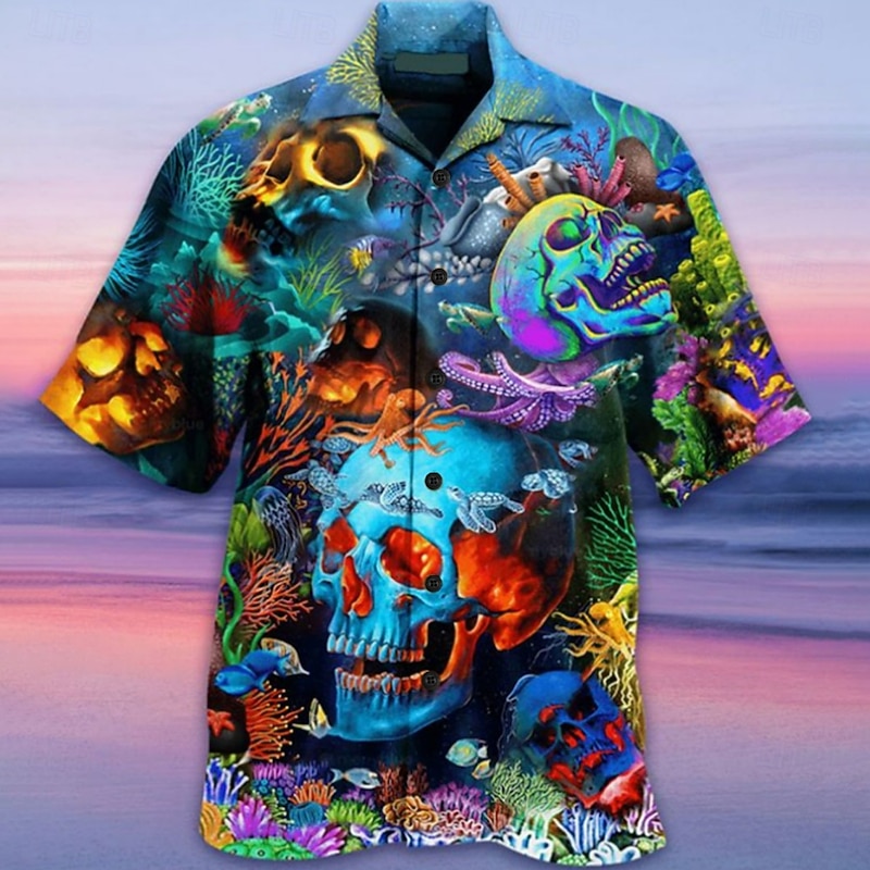 Men's Skull Hippie Shirt Summer Hawaiian Shirt Button Up Shirt Short Sleeve Tropical Fashion Hawaiian Casual Hawaiian Holiday Summer Spring Turndown Print Button-Down Yellow Red Navy Blue Green