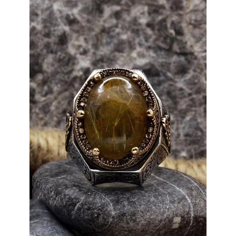 Men's Vintage Crystal Statement Ring – Adjustable Open Band Silver-Plated Jewelry with Carved Design for Fashion, Parties and Gifts3