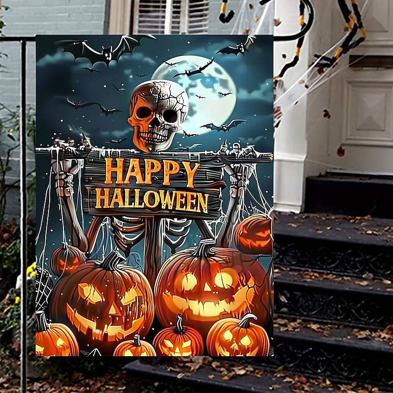 Halloween Garden Flag Banner – "Happy Halloween" with Pumpkins and Skulls, Double-Sided Weather-Resistant Yard Flag for 2025 Halloween Holiday Outdoor Lawn, Porch Decoration4