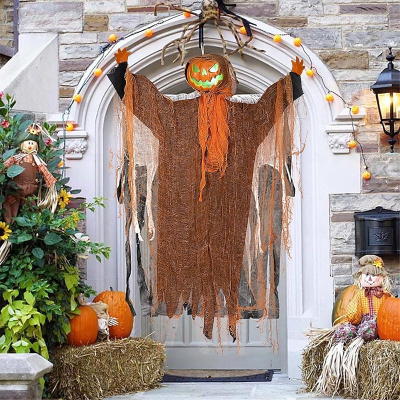 4 FT Animatronics Ghost Pumpkin, Hanging Swivel Head Light Up Jack Pumpkin Ghos Sound-Actived Halloween Outdoor Party Decor with Creepy Sound for Scary Haunted House Props Yard Lawn