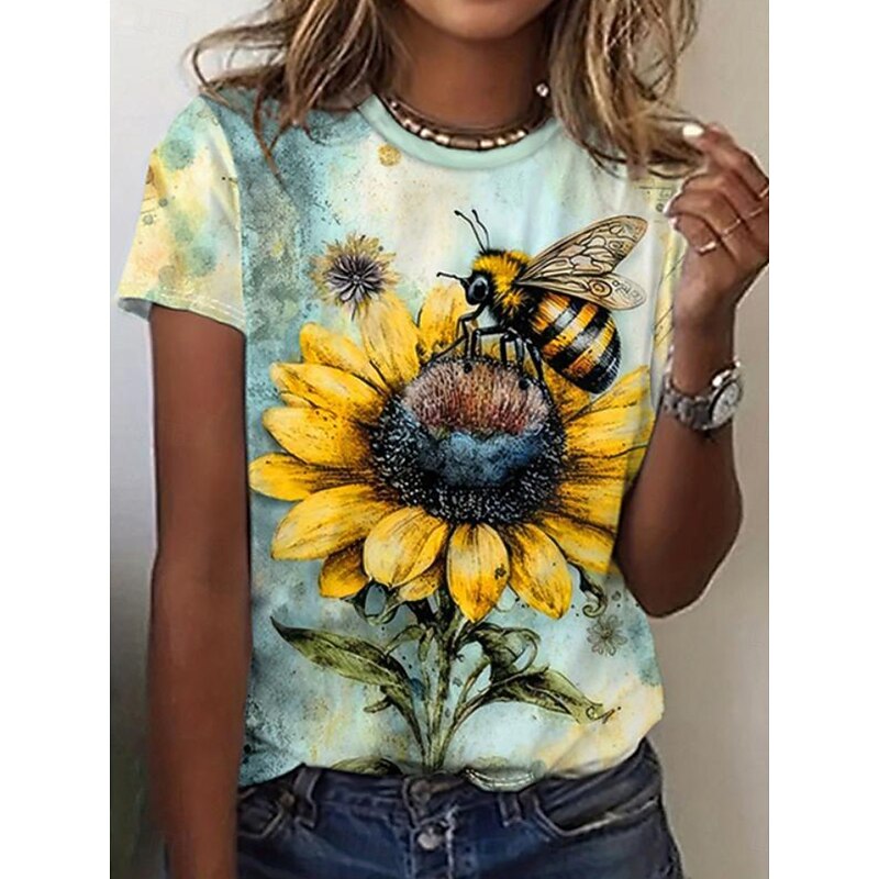 Women's T Shirt Graphic Bird Vintage Fashion Stylish Short Sleeve Crew Neck Regular Tops Daily Print Yellow Royal Blue Blue Summer Spring2