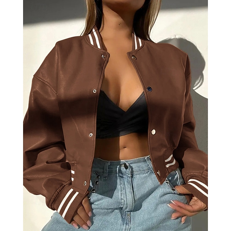 Women's Faux Leather Jacket Casual Jacket Comfortable Buttons Fashion Modern Outdoor Plain Going out Casual Daily Weekend Single Breasted Short Stand Collar Regular Fit Long Sleeve Outerwear Black4