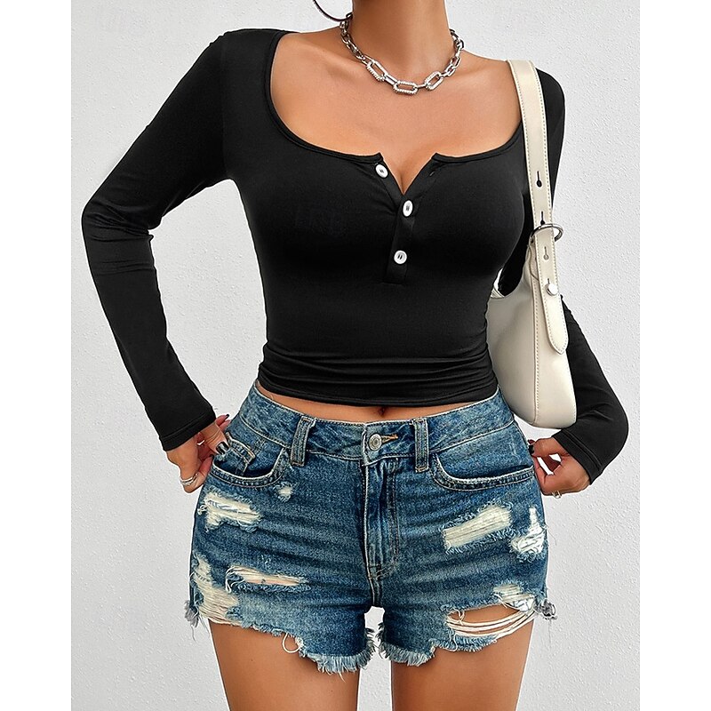 Women's Texture Blouse T Shirt Plain Fashion Modern Long Sleeve Square Neck Crop Tops Daily Tunic Buttons Black White Pink Summer3