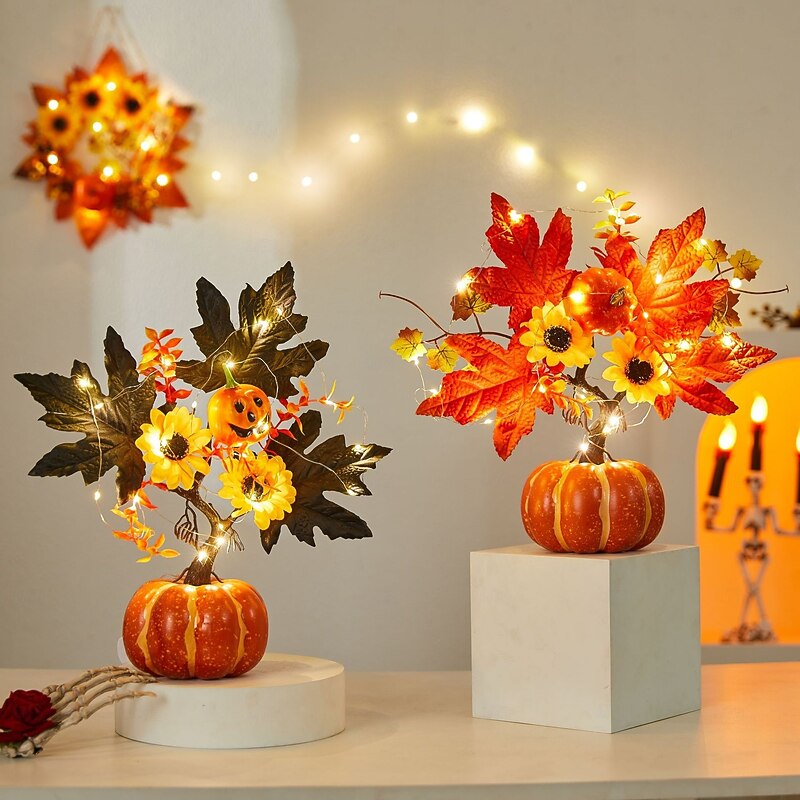 Halloween Fall Desktop Ornament with Faux Pumpkin, Red Berries, Maple Leaves and LED Lights for Autumn Harvest Festival, Spooky Halloween Scene Decoration for Fall Home Setup