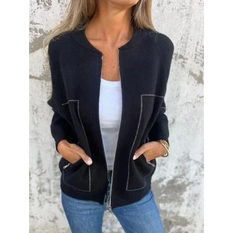 Women's Coat Comfortable Breathable Pocket Fashion Daily Plain Street Casual Zipper Regular Crewneck Regular Fit Long Sleeve Outerwear Black Blue Green Summer Spring