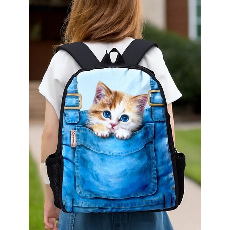 Kid's 3-Piece Denim Pocket Cat Print Backpack Set by Kayomi Harai- Cute Cartoon Design, Insulated Lunch Bag, Adjustable Shoulder Strap, Great for School, Travel and Daily Use