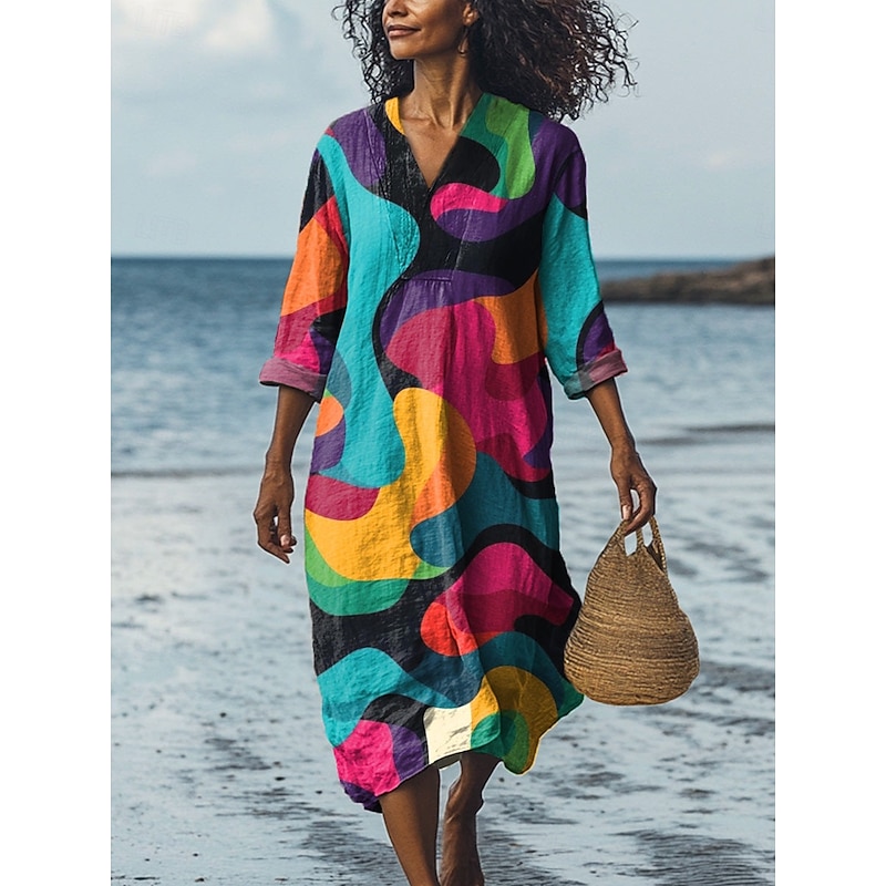 Women's Midi Dress V Neck Long Sleeve Kaftan Lightweight Loose Fit A Line Dress Casual Going out Loose Fit Graphic Geometric Long Sleeve V Neck Dark Red Yellow Blue Green Fall