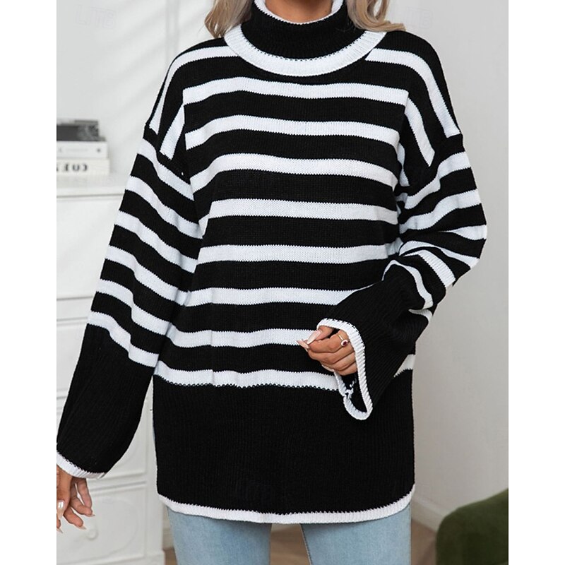 Women's Pullover Casual Striped Chunky Turtleneck Knitted Long Sleeve Regular Tops Knit Daily Holiday Going out Black White Fall Winter3