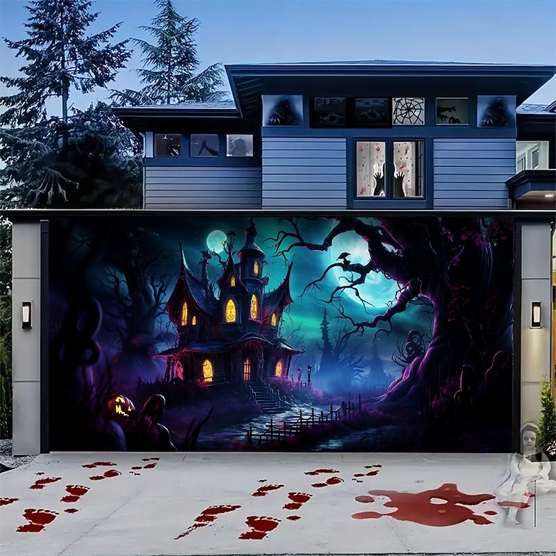 Halloween Garage Door Cover Banner Backdrop – Haunted Castle with Bats & Pumpkins, Photography Backdrop for Outdoor Decoration for 2025 Halloween Home Front Yard